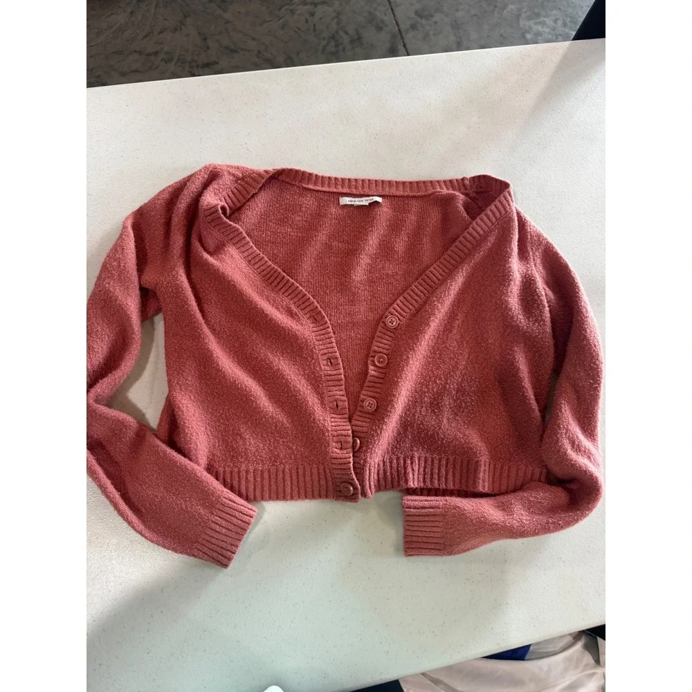 American Eagle Womens Rose Pink Cropped Button Front V-Neck Cardigan Sweater XS
